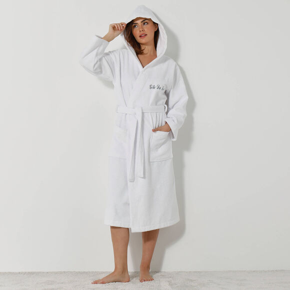 Peignoir mixte adulte col capuche éponge bouclette (blanc)