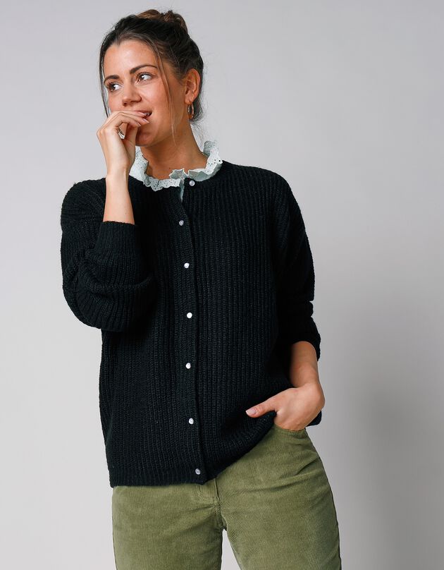 Cardigan boutons façon perles, maille anglaise (noir)