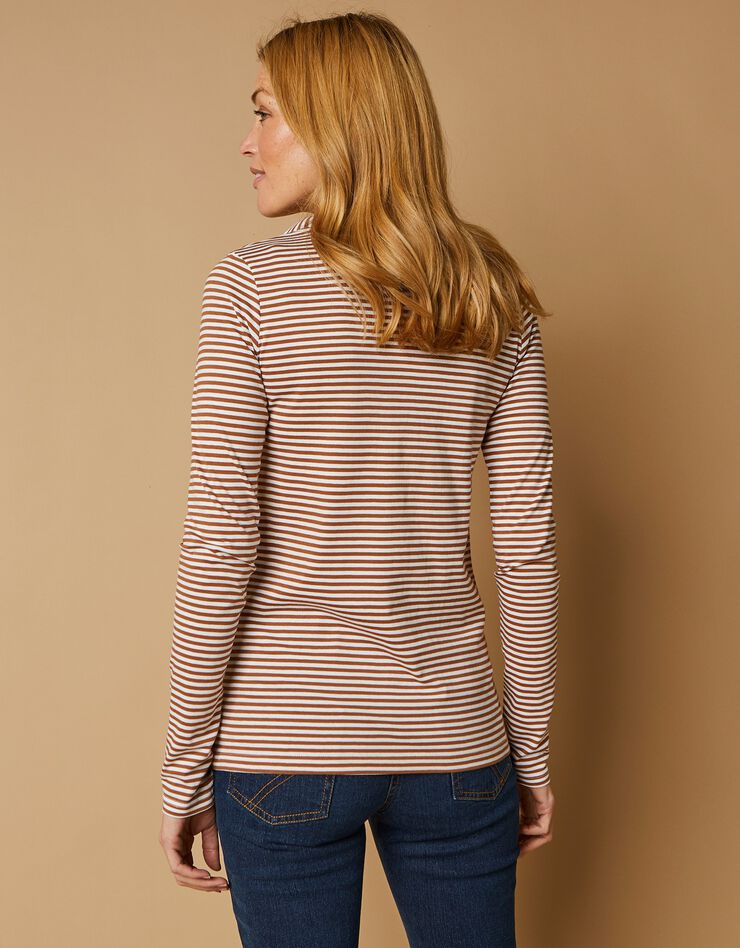 Tee-shirt col montant zippé rayé (noisette / blanc) Tee-shirt col montant zippé rayé (noisette / blanc)