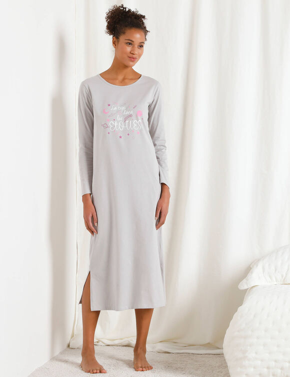 Chemise de nuit longue manches longues imprimée "étoiles" (gris)