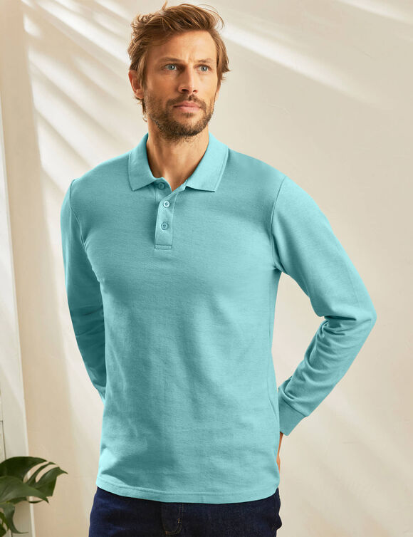 Polo uni maille piquée manches longues (vert d'eau)