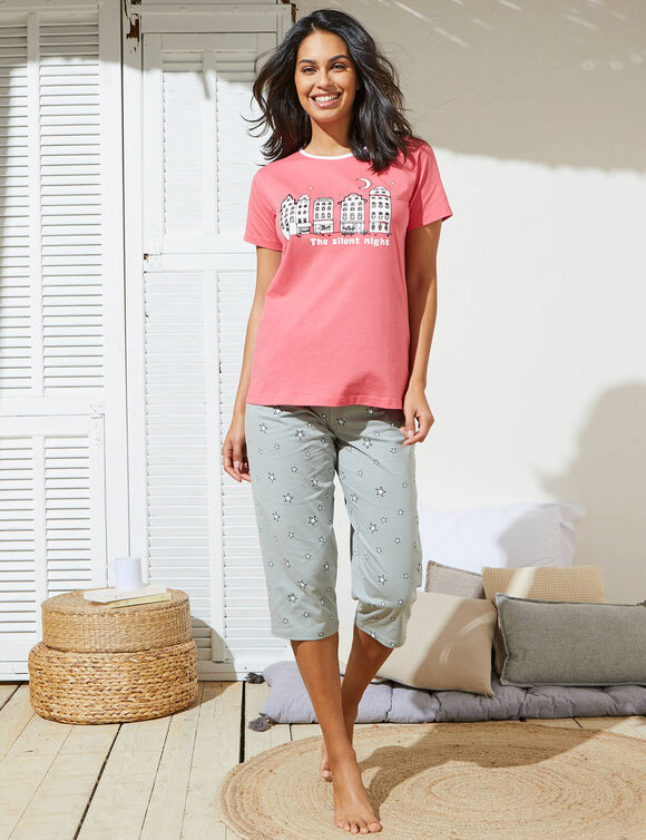 Pyjama pantacourt imprimé ville étoilée (rose)