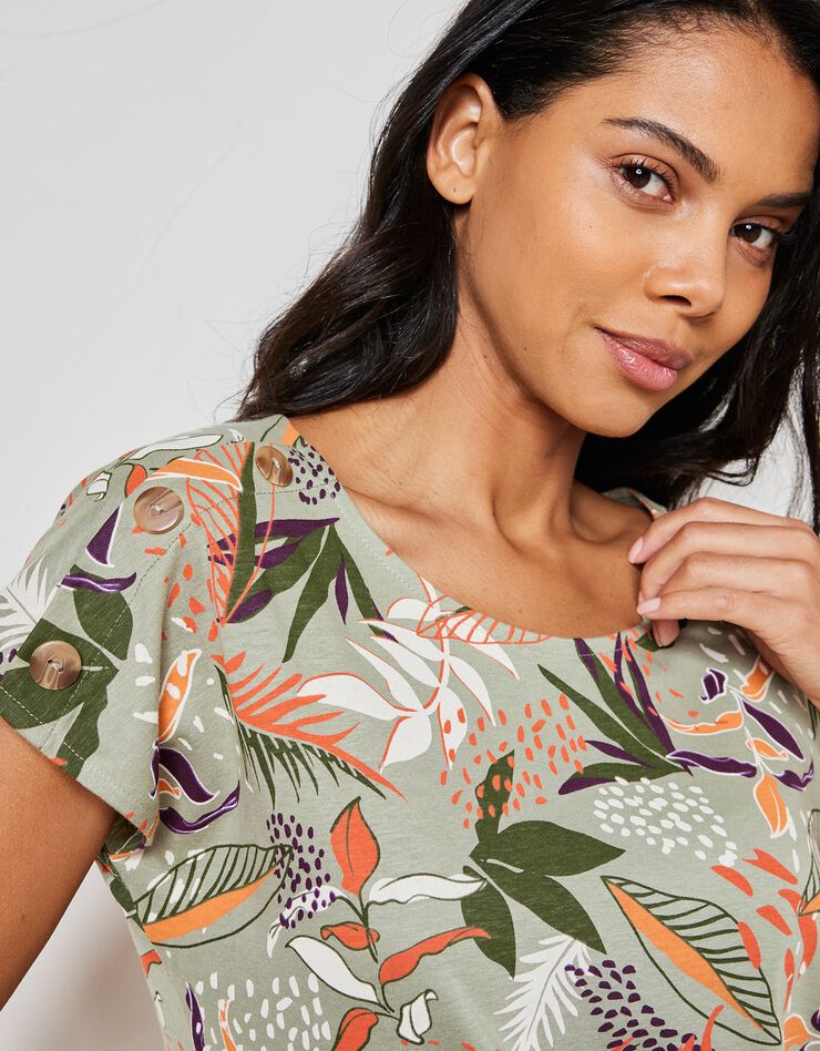 Tee-shirt col rond imprimé tropical (kaki / tomette) Tee-shirt col rond imprimé tropical (kaki / tomette)