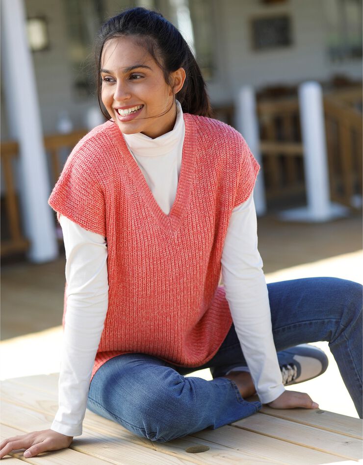 Pull col V manches courtes (corail chiné) Pull col V manches courtes (corail chiné)