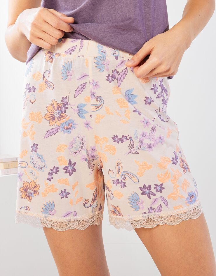 Short pyjama imprimé coton viscose et dentelle (poudre / mauve) Short pyjama imprimé coton viscose et dentelle (poudre / mauve)