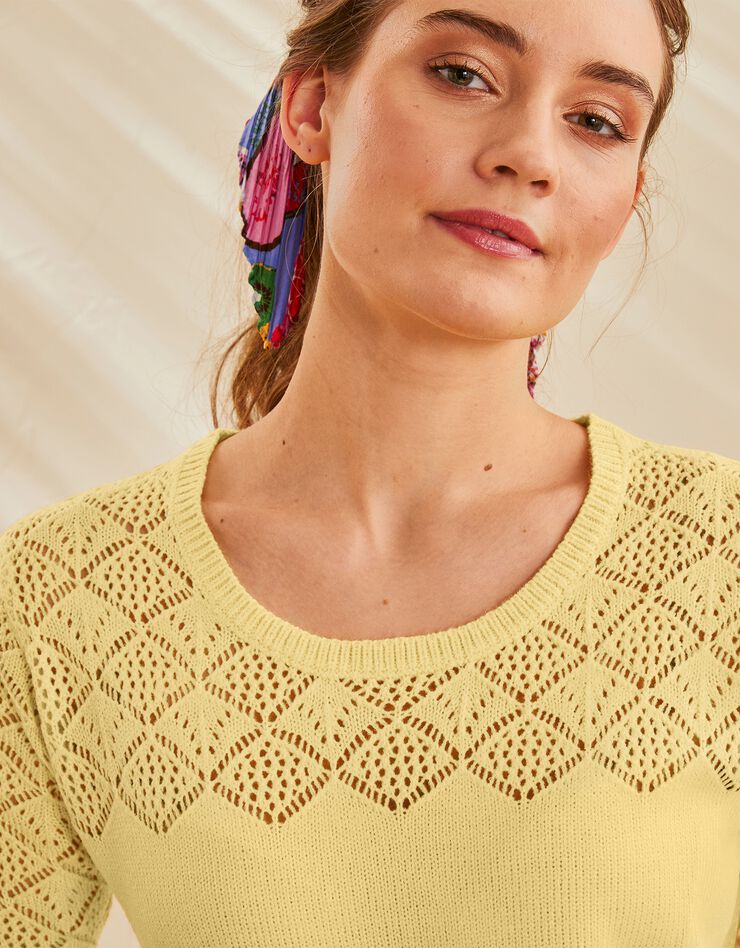 Pull manches courtes, maille ajourée toucher cachemire (jaune) Pull manches courtes, maille ajourée toucher cachemire (jaune)