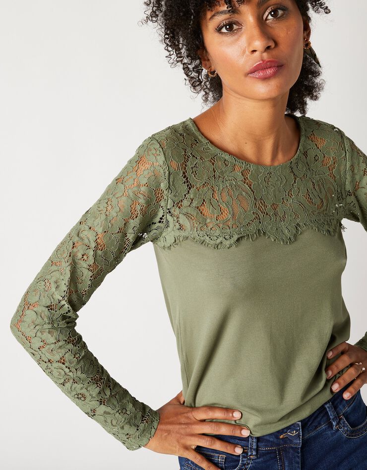 Tee-shirt col rond manches longues, dentelle jersey (bronze) Tee-shirt col rond manches longues, dentelle jersey (bronze)