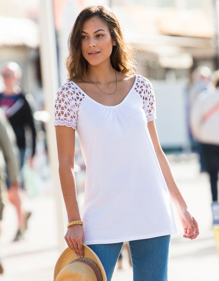 Tee-shirt macramé col V (blanc)