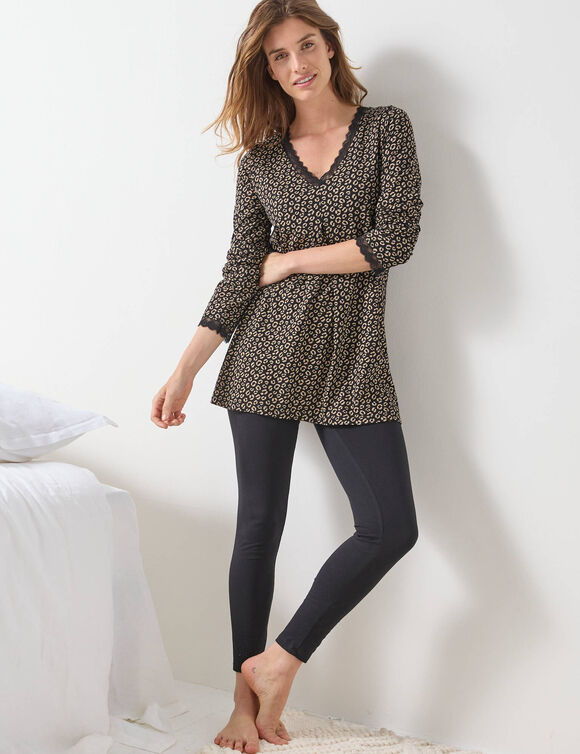 Pyjama legging manches longues imprimé animalier (noir / beige)