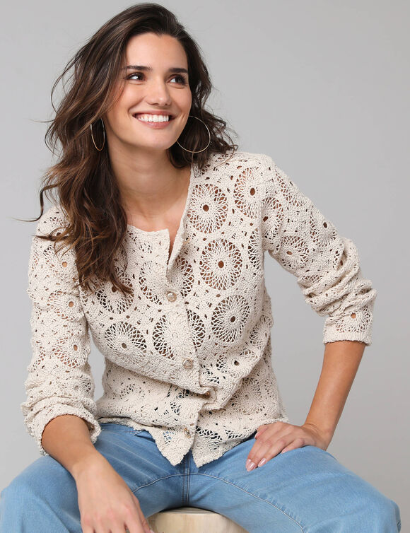 Veste boutonn&eacute;e &agrave; poches, en macram&eacute; (&eacute;cru)