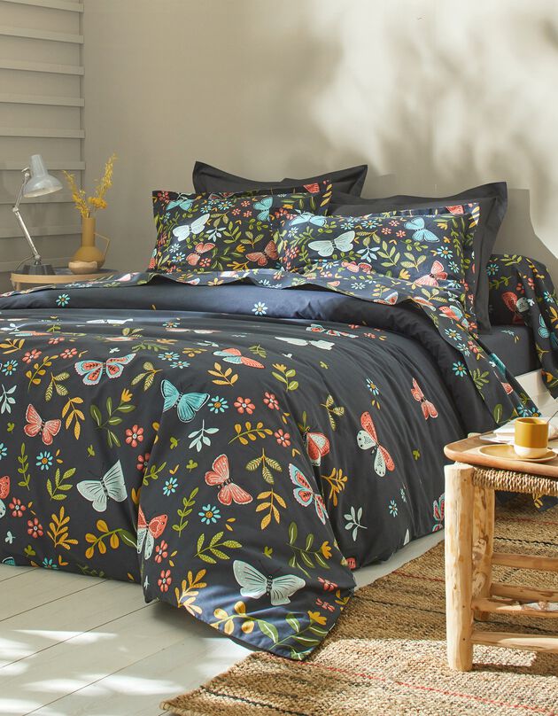 Linge de lit Envolée en coton à motifs papillons (bleu marine)