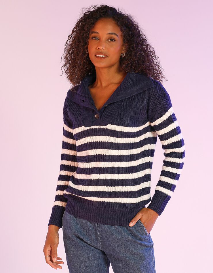 Pull col camionneur rayé, maille anglaise toucher mohair (marine / blanc) Pull col camionneur rayé, maille anglaise toucher mohair (marine / blanc)