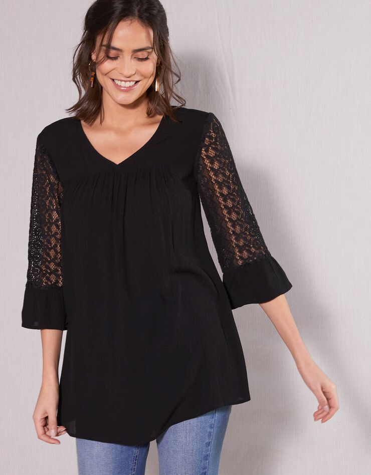 Blouse unie col V manches 3/4 macramé (noir) Blouse unie col V manches 3/4 macramé (noir)