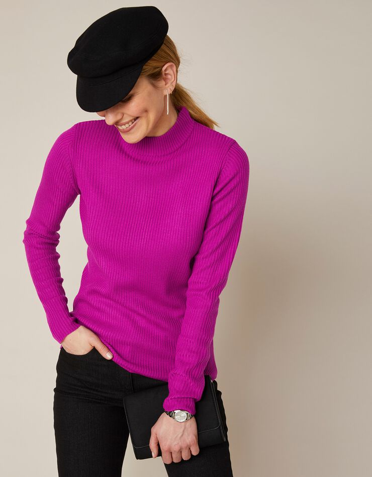Pull col montant court, maille côtelée (rose fuchsia) Pull col montant court, maille côtelée (rose fuchsia)