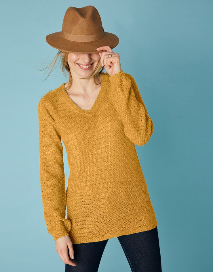 Pull tunique col V maille ajourée toucher mohair (safran) Pull tunique col V maille ajourée toucher mohair (safran)