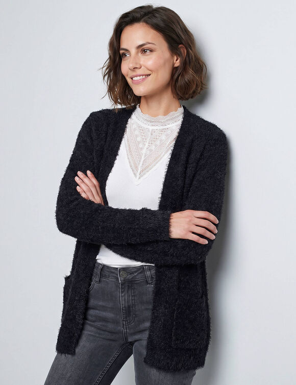 Gilet long, maille poilue (noir)