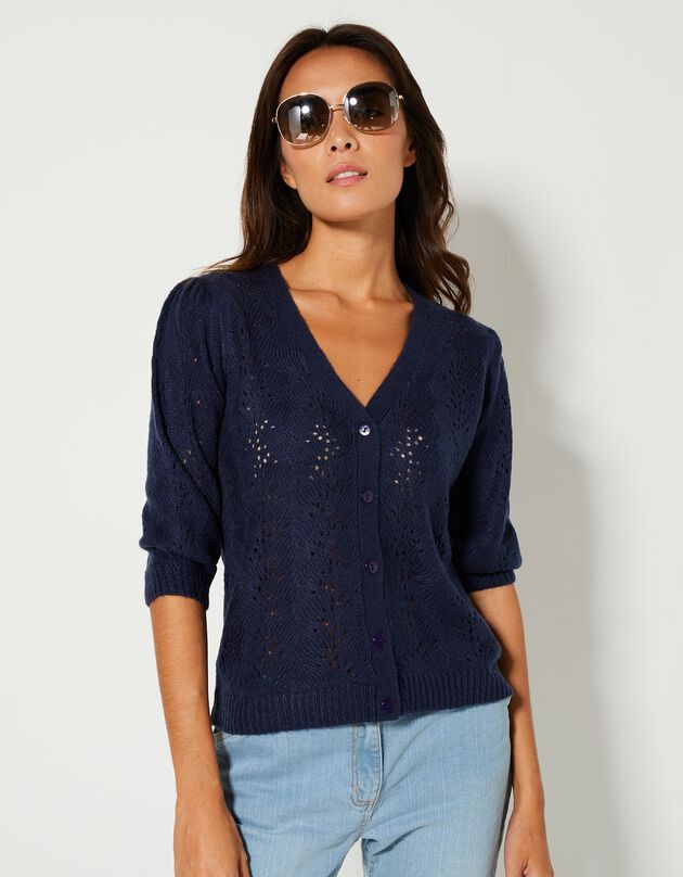 Gilet col V, maille ajourée toucher mohair (marine)