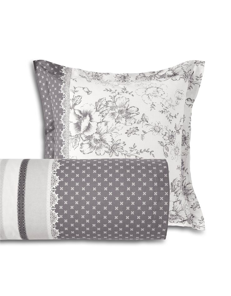 Linge de lit Gabrielle en flanelle imprimé fleurs et dentelle (gris)