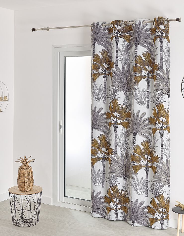 Rideau jacquard motif palmiers finition oeillets (blanc / doré)