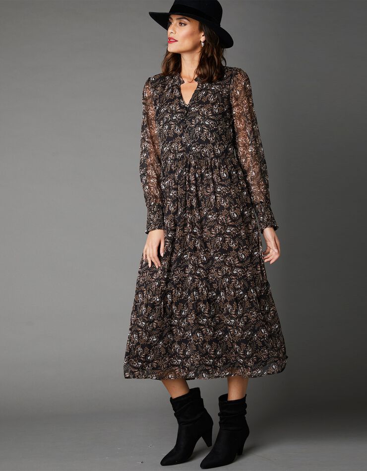 Robe mi-longue volantée imprimée (noir / beige) Robe mi-longue volantée imprimée (noir / beige)