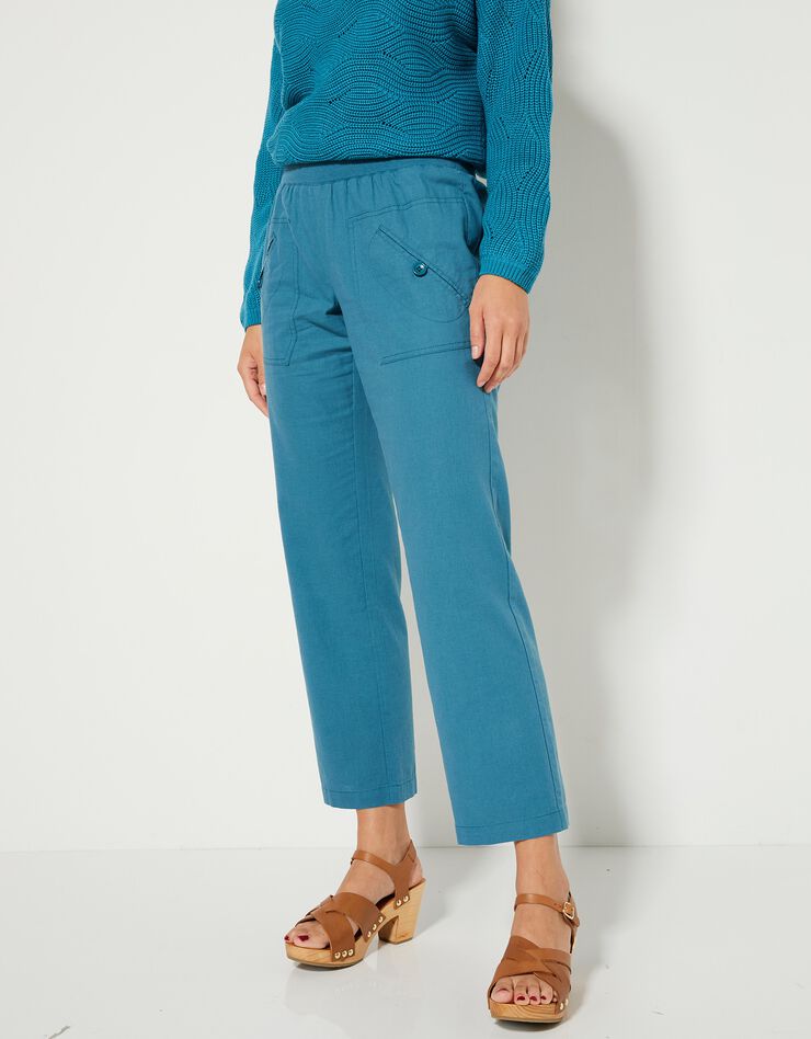 Pantalon coupe droite 7/8ème taille élastiquée, lin coton (bleu paon) Pantalon coupe droite 7/8ème taille élastiquée, lin coton (bleu paon)