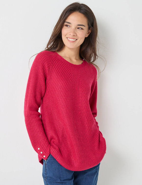Pull évasé, maille anglaise toucher doux (framboise)