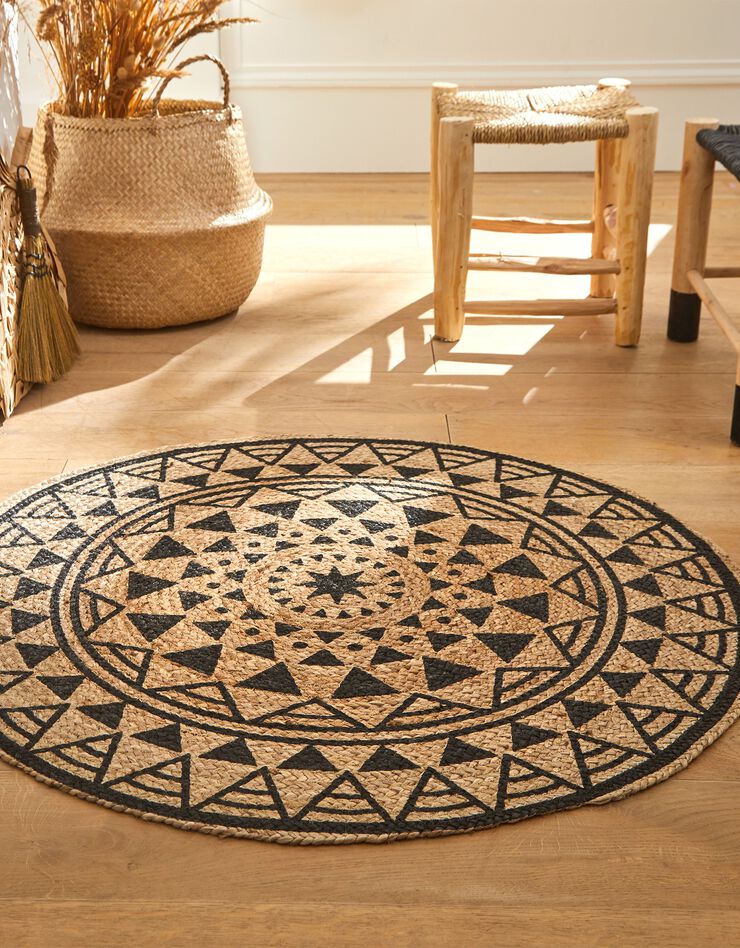 Tapis rond en jute imprimé noir (noir / naturel)