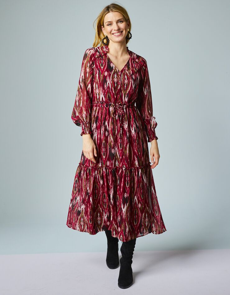 Robe longue volantée en voile Georgette imprimé (bordeaux / écru) Robe longue volantée en voile Georgette imprimé (bordeaux / écru)
