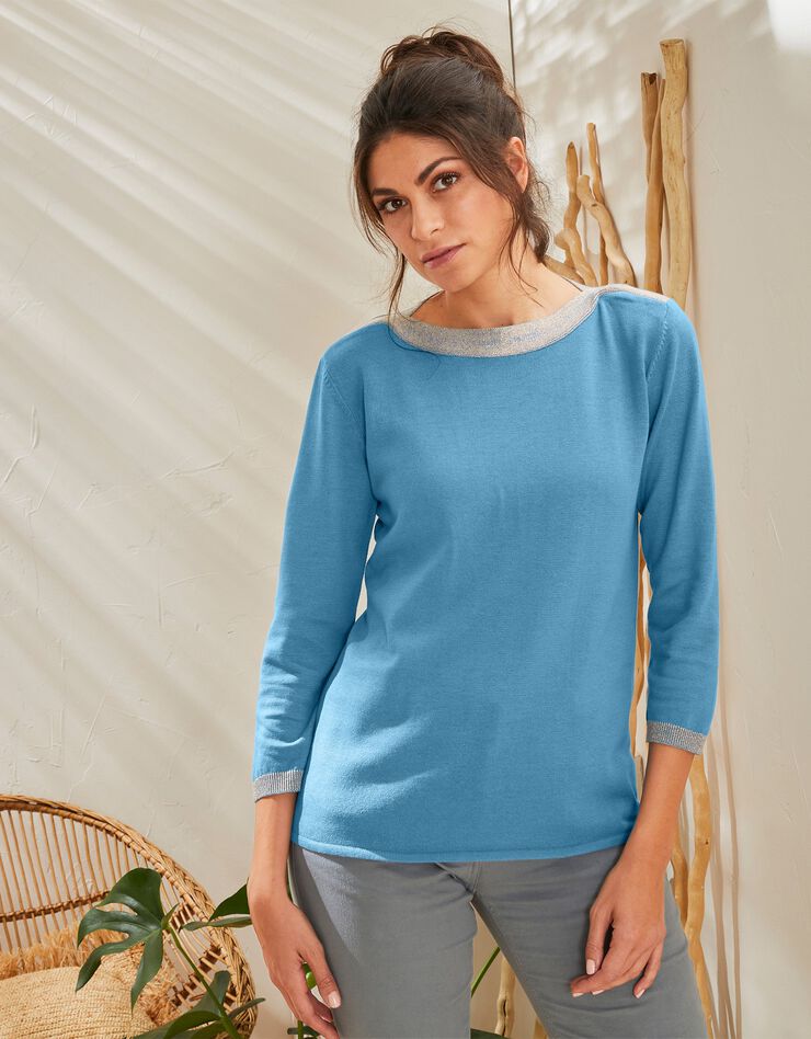 Pull col bateau bicolore, fils brillants (bleu grisé) Pull col bateau bicolore, fils brillants (bleu grisé)