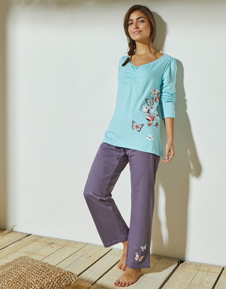 T-shirt pyjama manches longues imprimé placé papillons (turquoise grisé)
