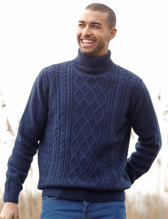 Pull col roul&eacute; maille irlandaise (marine)
