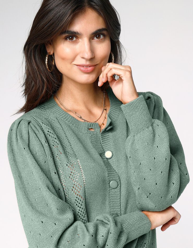 Cardigan boutonné maille ajourée (vert grisé)