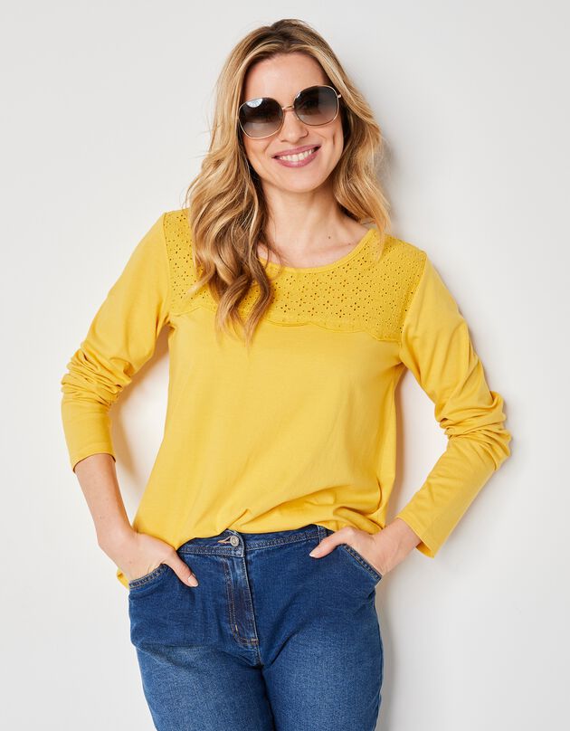T-shirt manches longues, empiècement broderie anglaise (safran)