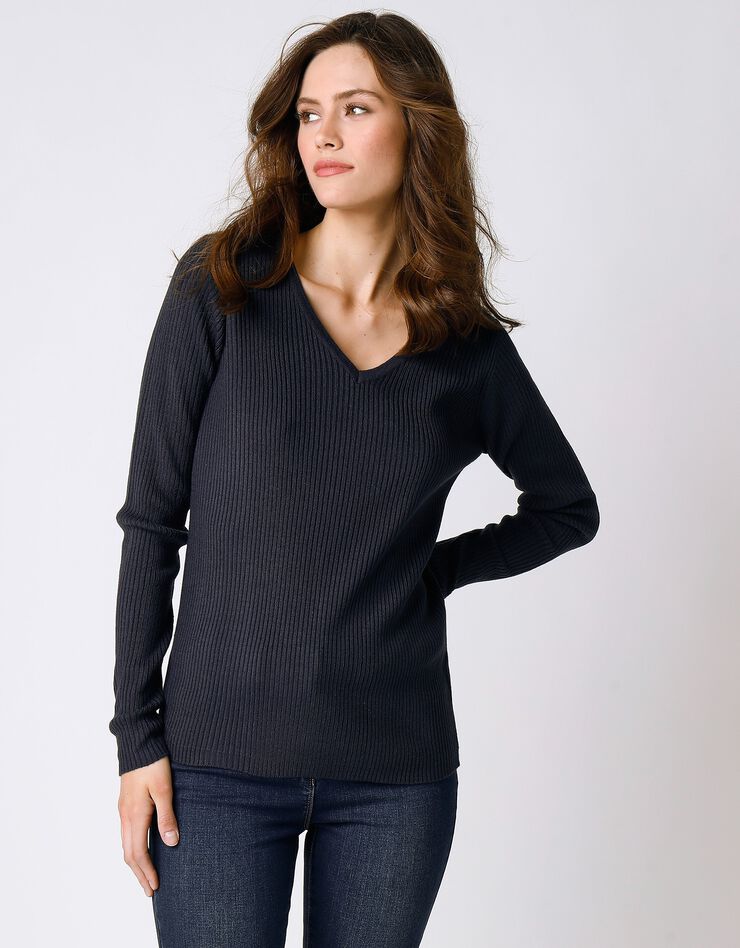 Pull maille côtelée col V uni (marine) Pull maille côtelée col V uni (marine)