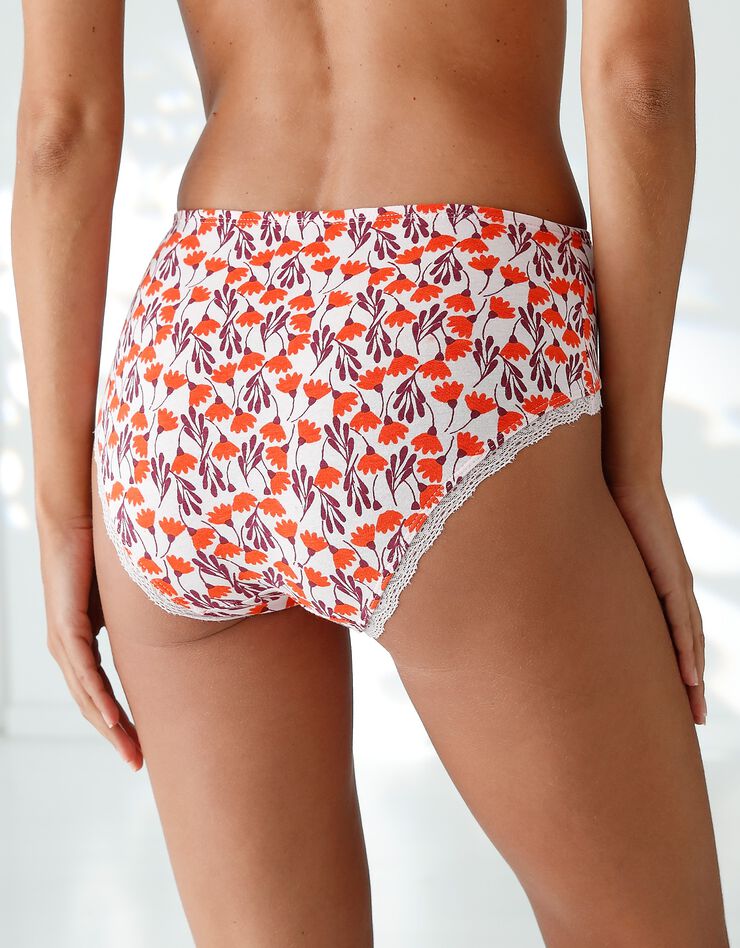 Culotte taille haute coton stretch imprimé " fleurs" et dentelle - lot de 3 (prune / corail) Culotte taille haute coton stretch imprimé " fleurs" et dentelle - lot de 3 (prune / corail)