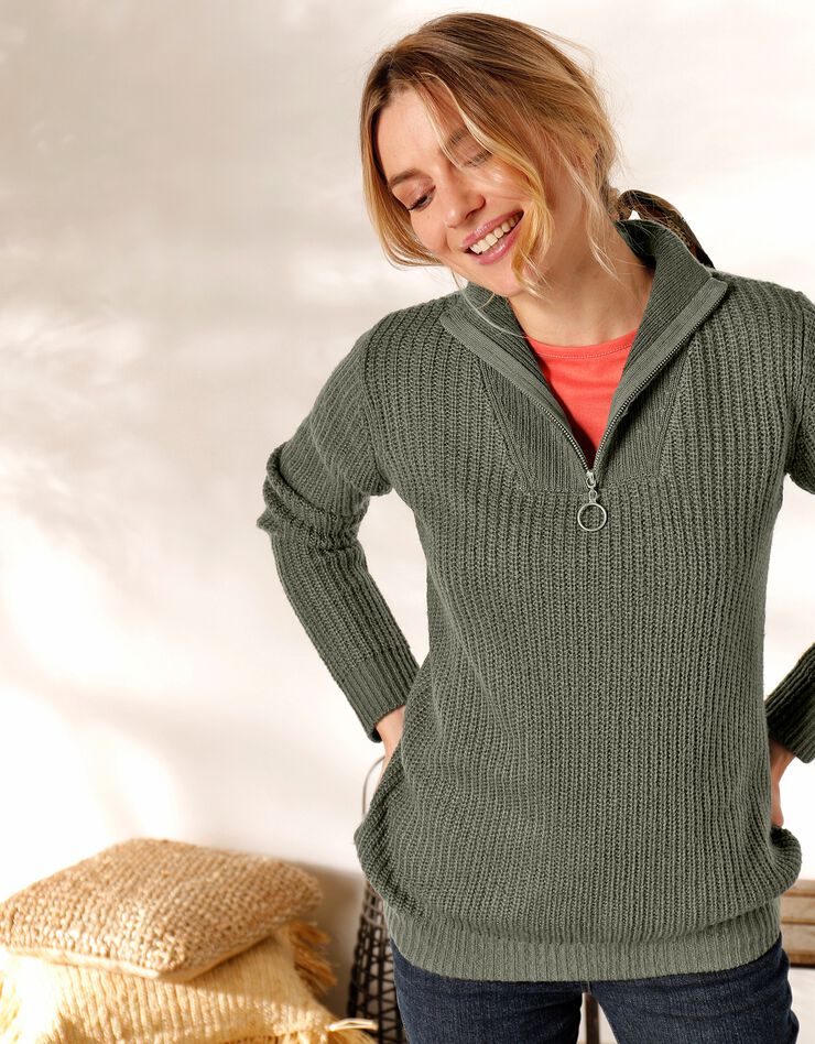Pull col zippé maille anglaise toucher mohair (kaki) Pull col zippé maille anglaise toucher mohair (kaki)