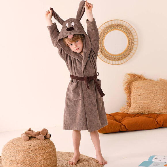 Peignoir de bain enfant personnalisable chien &agrave; capuche, &eacute;ponge coton - 340 g/m&sup2; (chocolat)