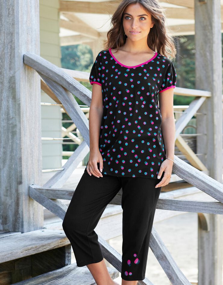 Tee-shirt manches courtes coton Enjoy imprimé pois (noir / fuchsia) Tee-shirt manches courtes coton Enjoy imprimé pois (noir / fuchsia)