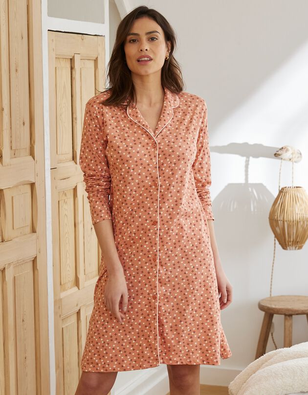 Chemise de nuit manches longues imprimée "étoiles" boutonnée col tailleur  (corail)