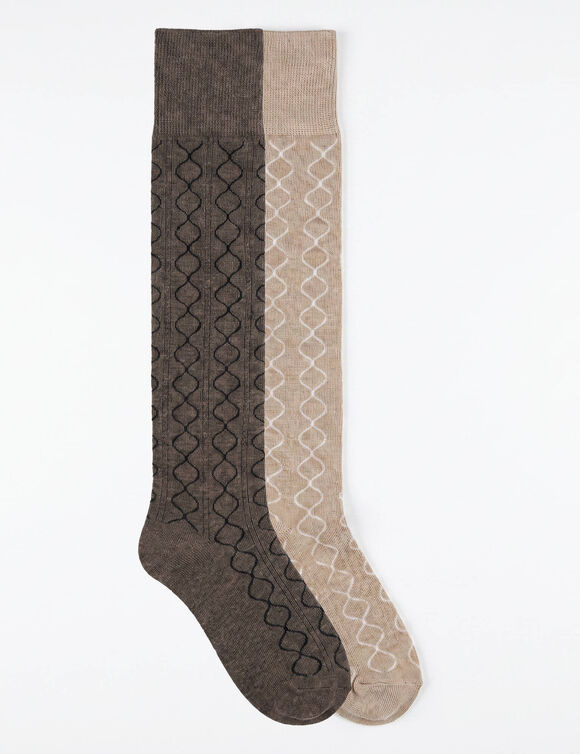 Chaussettes hautes en maille torsad&eacute;e unie - lot de 2 paires  (chocolat / taupe)