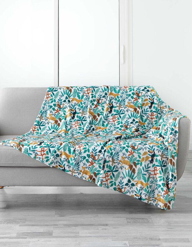 Plaid flanelle enfant imprimé jungle (blanc / vert)