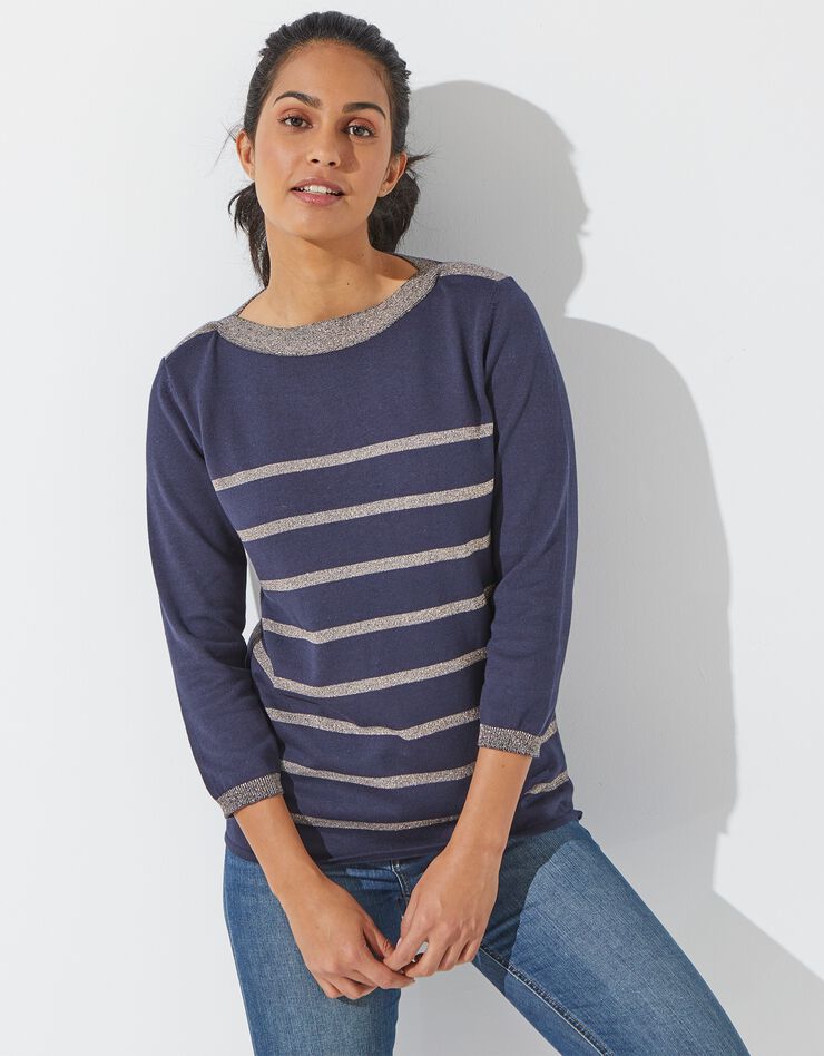 Pull col bateau rayures fils brillants (marine / doré) Pull col bateau rayures fils brillants (marine / doré)