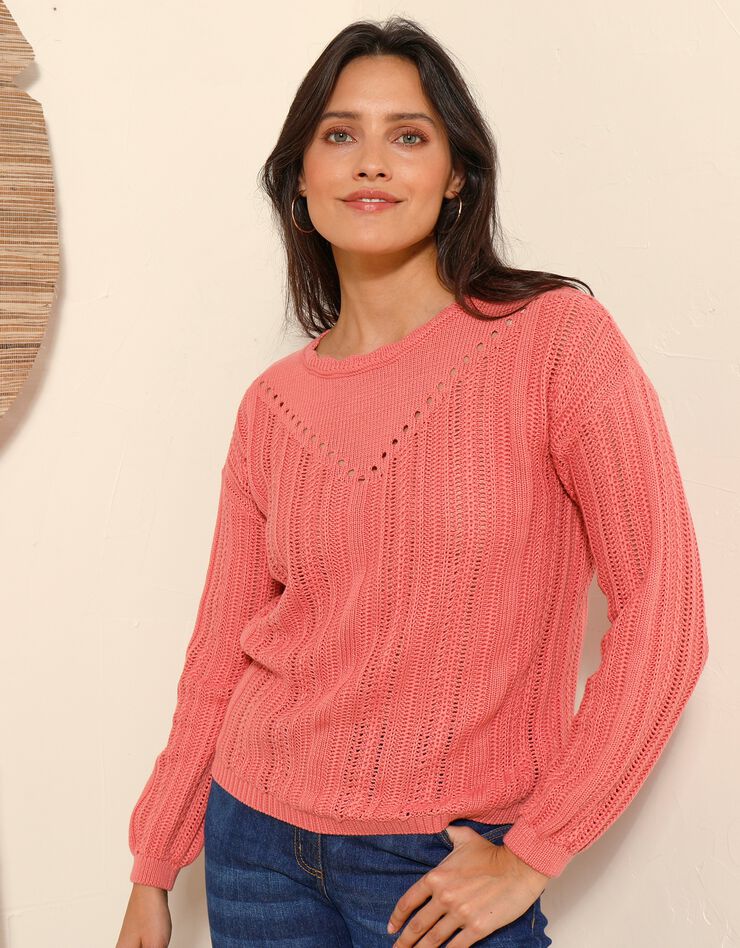 Pull col festonné, maille ajourée fantaisie (corail) Pull col festonné, maille ajourée fantaisie (corail)