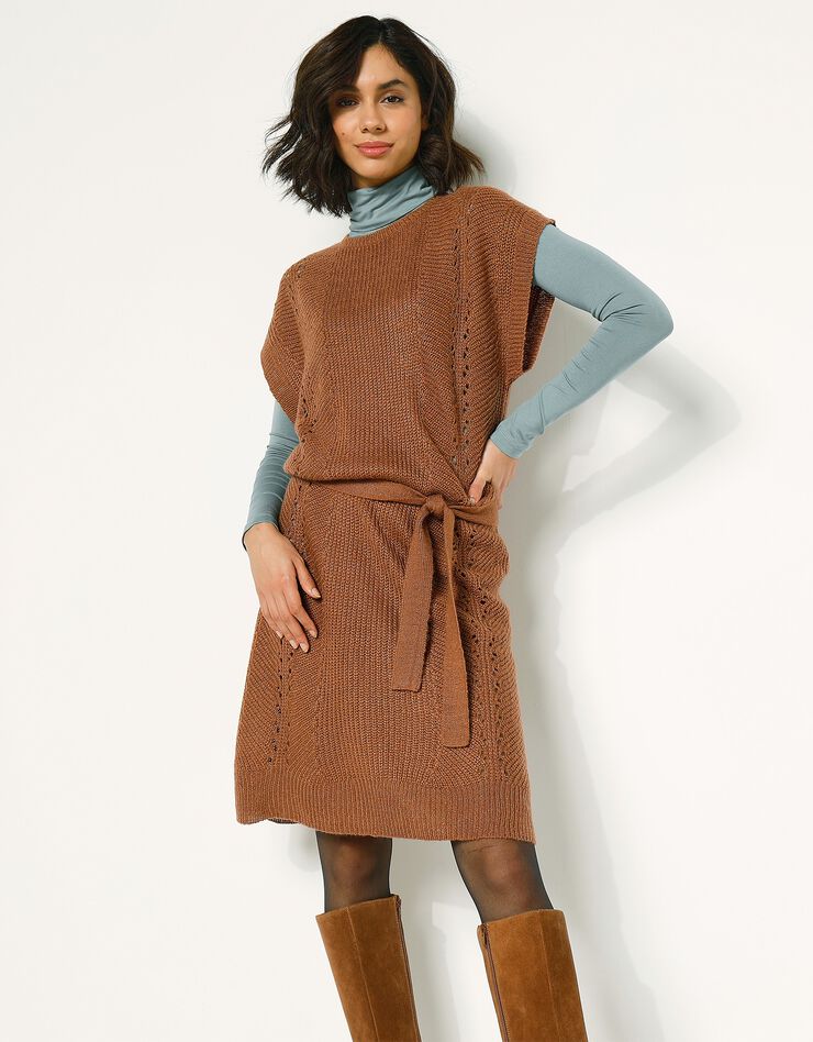 Robe manches courtes ceinturée - toucher mohair (noisette)