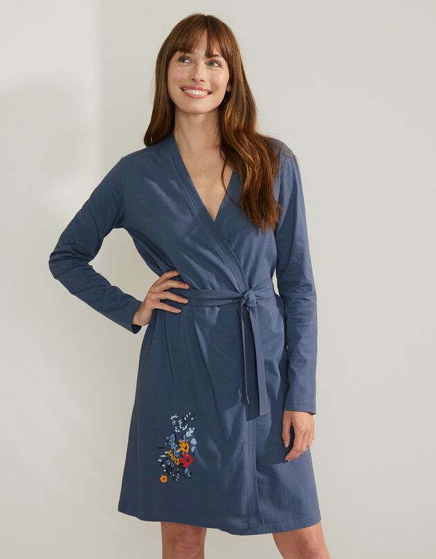 Peignoir manches longues coton motif "fleurs" (ardoise) Peignoir manches longues coton motif "fleurs" (ardoise)