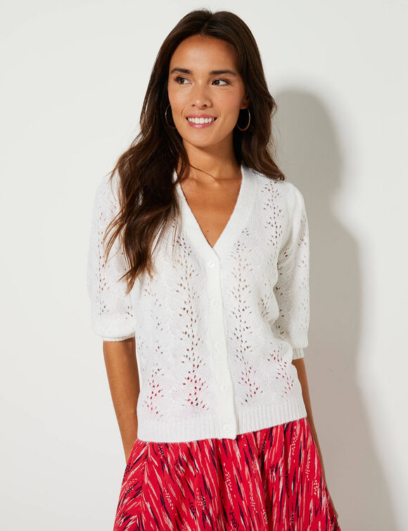 Gilet col V, maille ajourée (blanc)