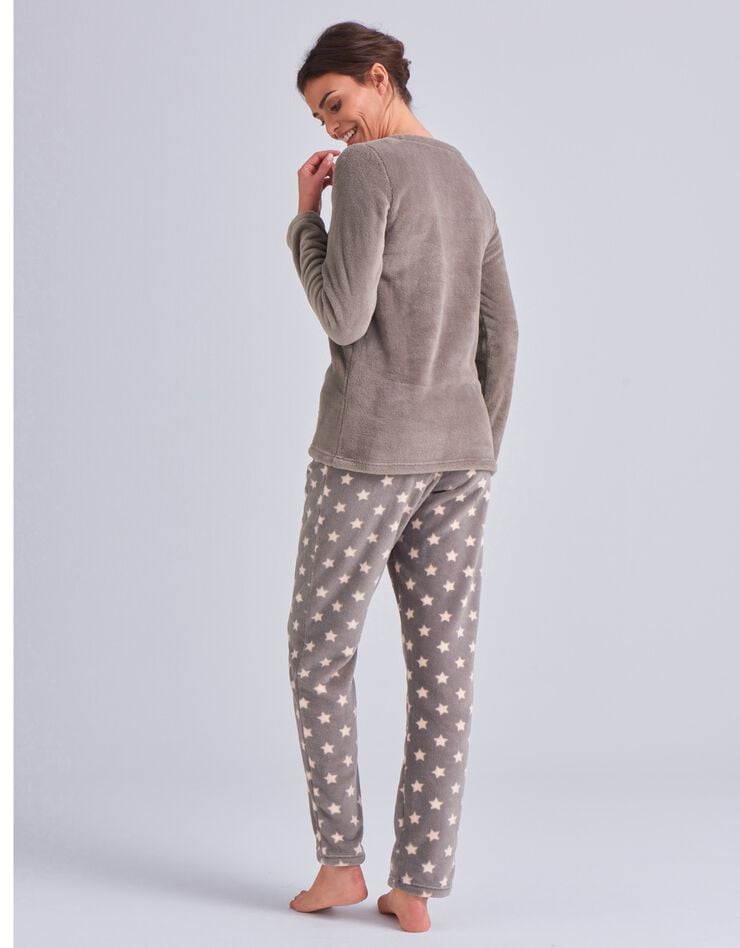 Pyjama pantalon polaire, toucher peluche (taupe / rose)