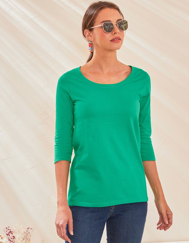 Tee-shirt manches 3/4 col rond uni coton bio (vert)