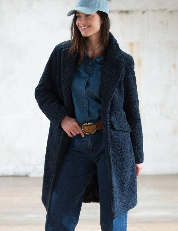 Manteau maille bouclette col tailleur (marine)