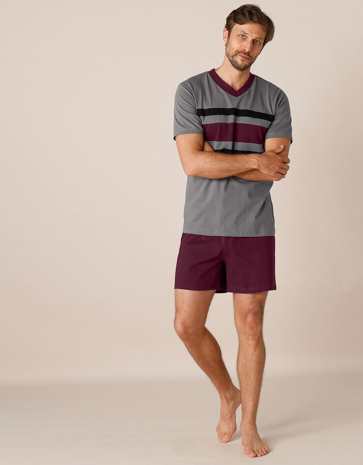 Pyjama short tricolore - lot de 2 (bordeaux / gris)